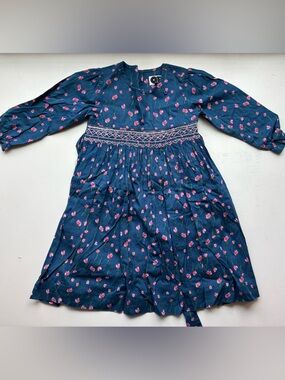 Girls' Teal Floral Long-Sleeve Dress with Smocked Waist